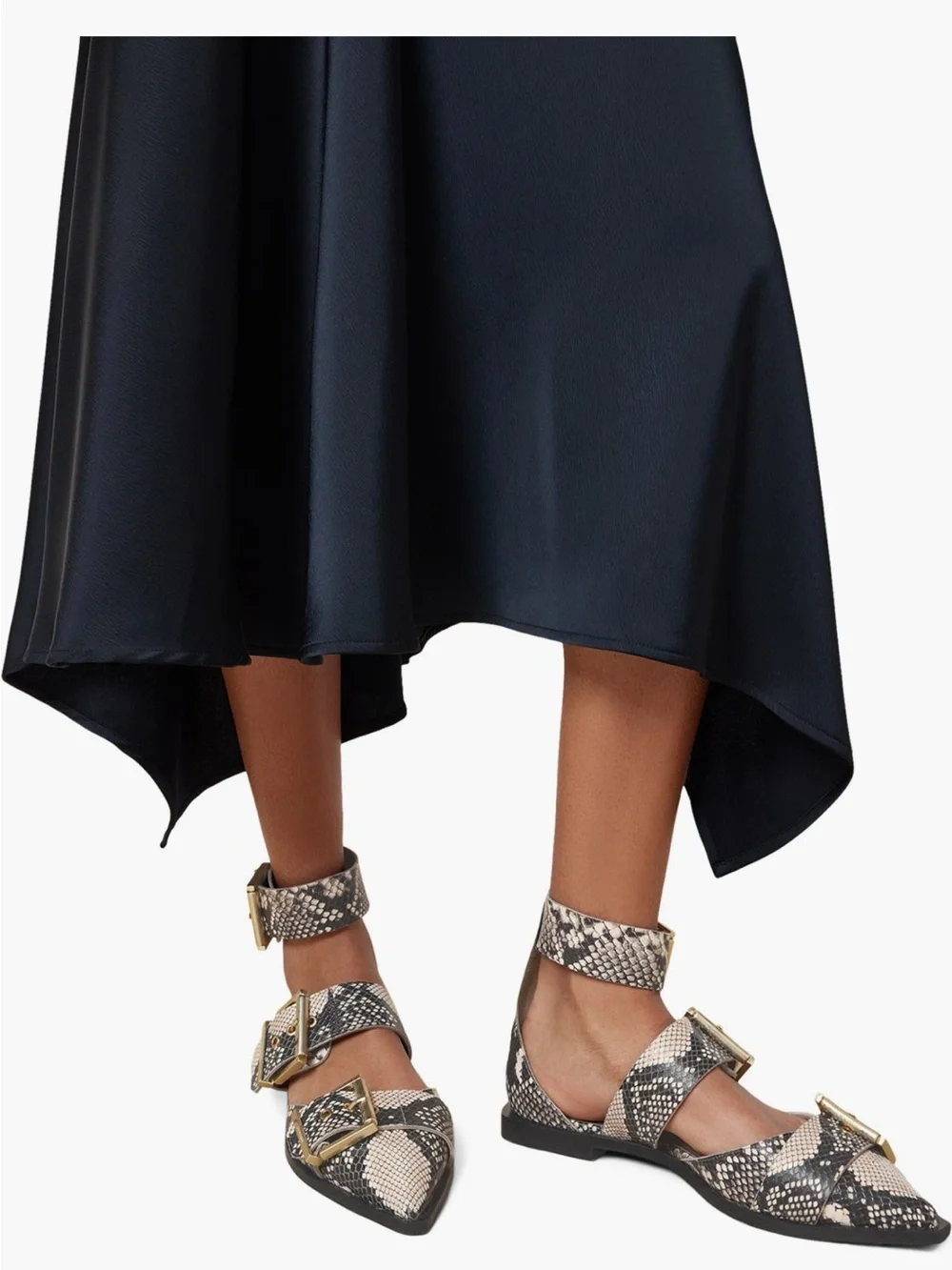 All Saints Snake-Print Buckle Flat Sandals in Neutral Tones